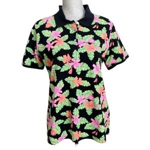 Caribbean Joe Tropical Floral Palm Leaf Polo Shirt Top Medium